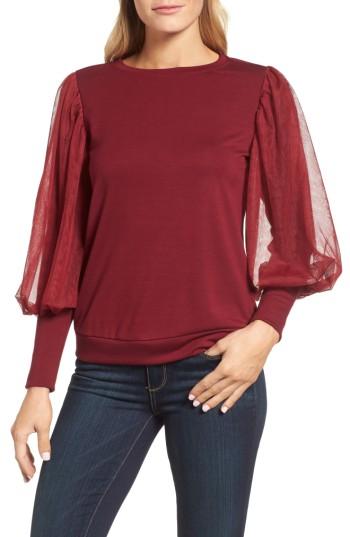 Women's Gibson Mesh Bishop Sleeve Ponte Top - Burgundy