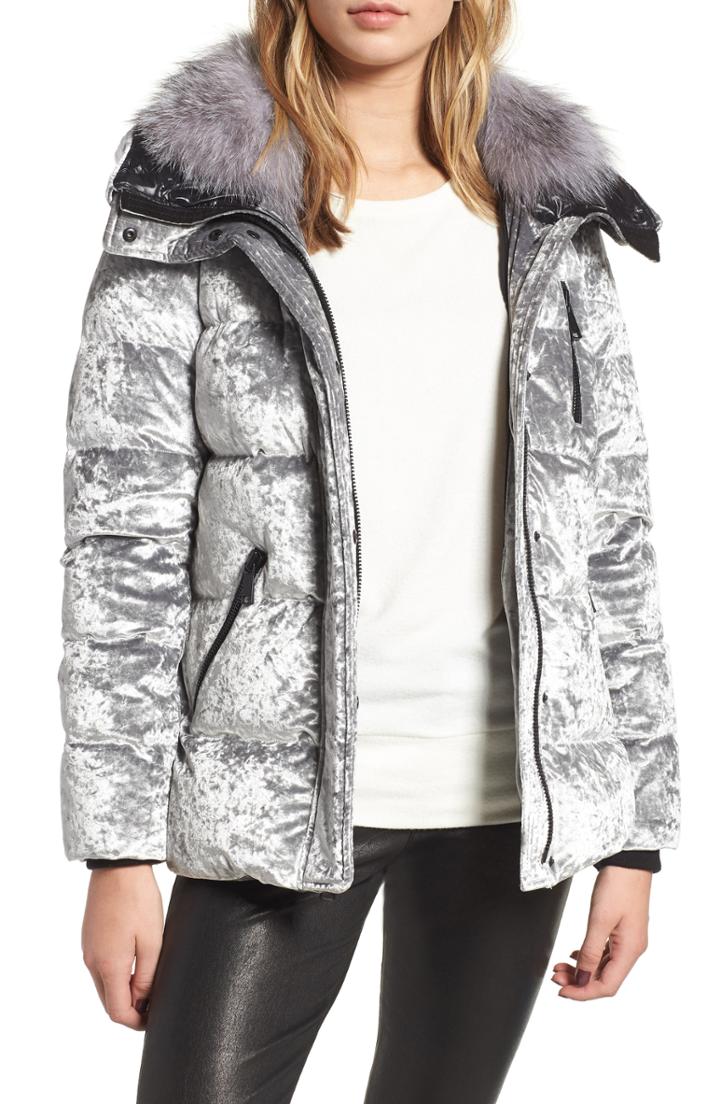 Women's Andrew Marc Genuine Fox Fur Trim Velvet Down Coat - Metallic