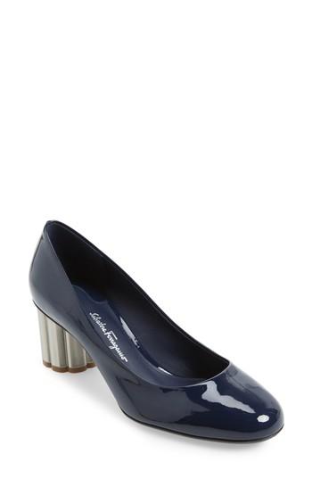 Women's Salvatore Ferragamo Rounded Toe Flower Heel Pump B - Blue