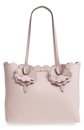 Miu Miu Flower Embellished Grainy Calfskin Tote - Black