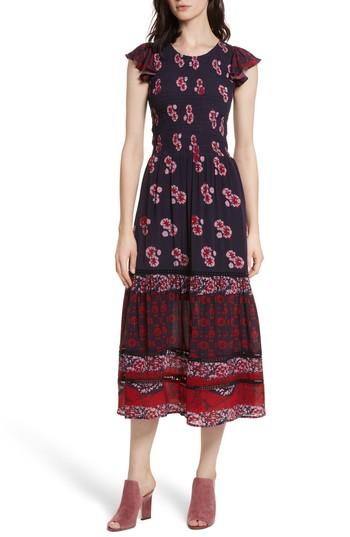 Women's Sea Print Flutter Sleeve Midi Dress - Red