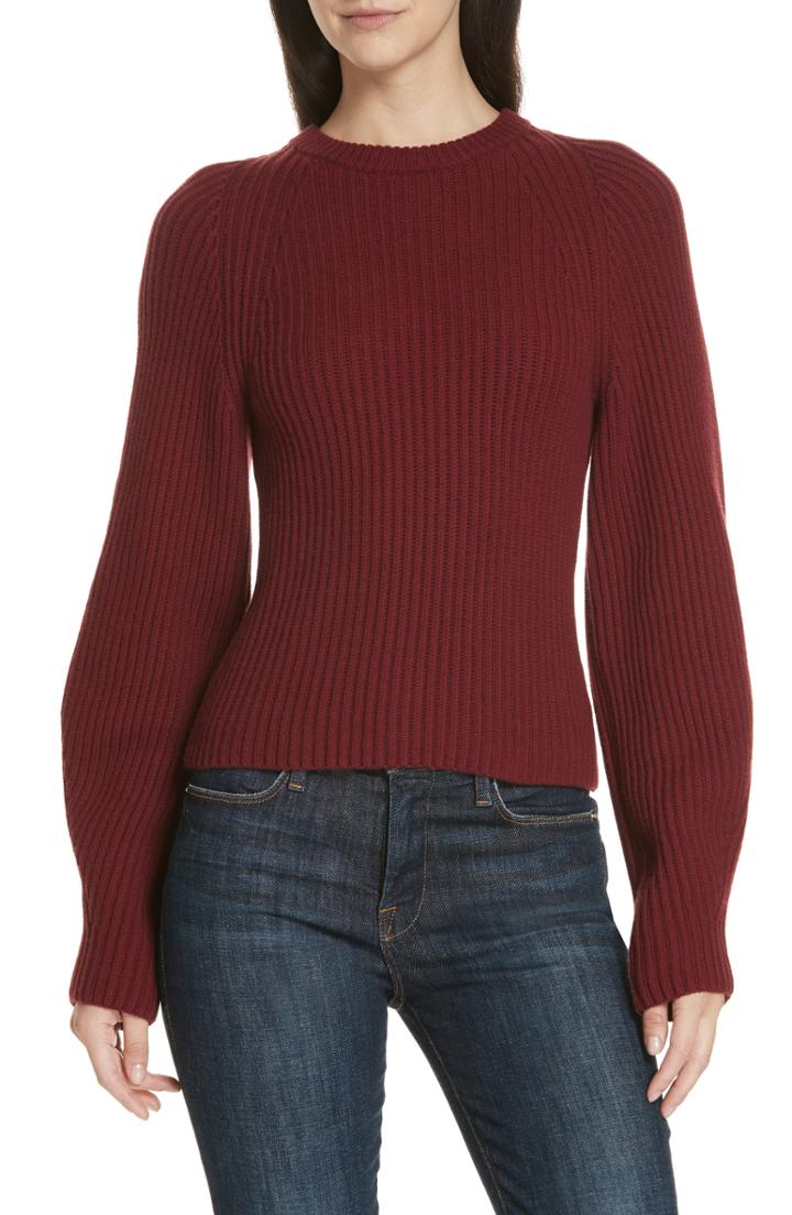 Women's Theory Sculpted Sleeve Shaker Stitch Merino Wool Sweater - Burgundy