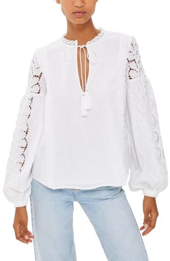 Women's Topshop Lace Sleeve Poet Blouse
