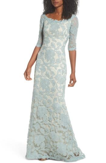 Women's Tadashi Shoji Embroidered Boat Neck Mermaid Gown - Blue