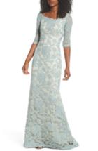 Women's Tadashi Shoji Embroidered Boat Neck Mermaid Gown - Blue
