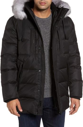 Men's Andrew Marc Quilted Down Jacket With Genuine Fox Fur Trim - Black