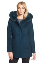 Petite Women's Sachi Genuine Fox Fur Trim Hooded Wool Blend Coat P - Blue
