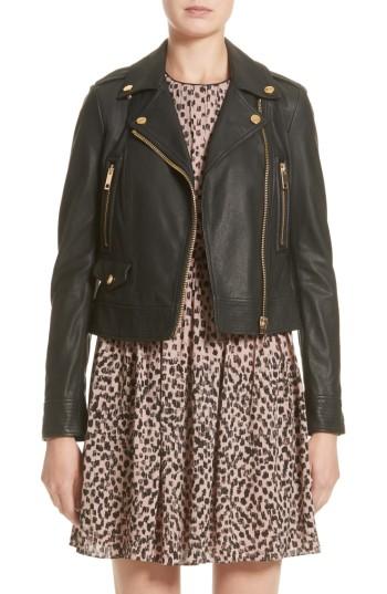 Women's Burberry Patternsby Lambskin Leather Moto Jacket - Black