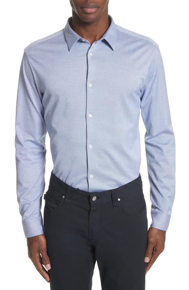 Men's Emporio Armani Trim Fit Yarn Dyed Sport Shirt, Size - Blue