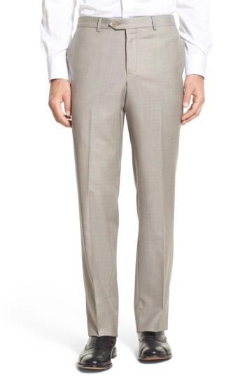 Men's Nordstrom Men's Shop Flat Front Sharkskin Wool Trousers - Brown
