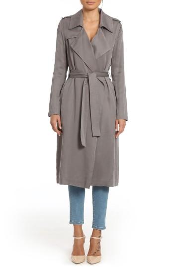 Women's Badgley Mischka Faux Leather Trim Long Trench Coat - Grey