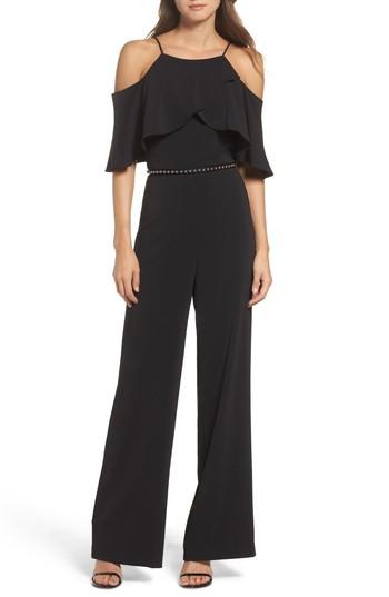 Women's Badgley Mischka Belted Off The Shoulder Popover Crepe Jumpsuit