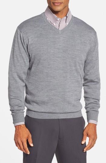 Men's Cutter & Buck 'douglas' Merino Wool Blend V-neck Sweater, Size - Metallic (online Only)