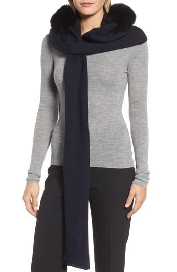 Women's Max Mara Nava Hooded Scarf With Genuine Fox Fur Trim, Size - Blue