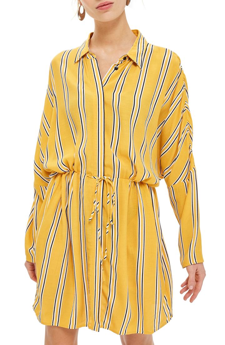 Women's Topshop Drawstring Stripe Shirtdress Us (fits Like 10-12) - Black