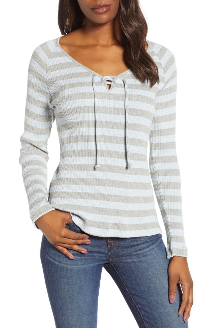 Women's Lucky Brand Stripe Henley Tee - Grey