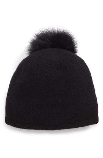 Women's Helene Berman Slouchy Wool Knit Beanie With Genuine Fox Fur Pom - Black
