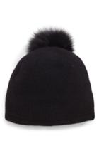 Women's Helene Berman Slouchy Wool Knit Beanie With Genuine Fox Fur Pom - Black