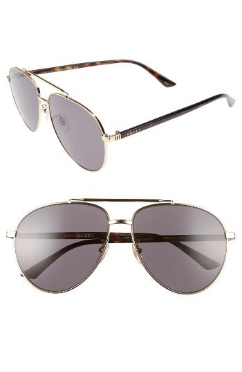 Men's Gucci Retro Web 61mm Aviator Sunglasses - Gold W/ Havana W/ Grey Lens