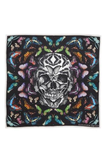Women's Alexander Mcqueen Skull & Rainbow Butterflies Print Silk Bandana, Size - Black