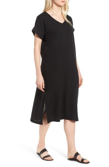 Women's Eileen Fisher V-neck Cotton Midi Dress, Size - Black