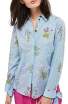 Women's Topshop Floral Stripe Tie Cuff Shirt Us (fits Like 0) - Blue