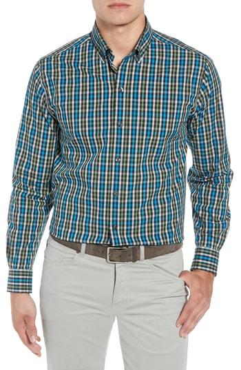 Men's Cutter & Buck Albert Regular Fit Wrinkle Free Check Sport Shirt, Size - Blue