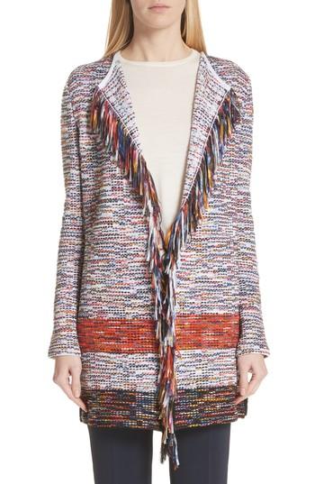 Women's St. John Collection Vertical Fringe Multi Tweed Knit Waterfall Cardigan, Size - Orange