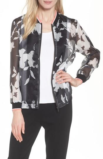 Women's Ming Wang Floral Mesh Bomber Jacket - Black