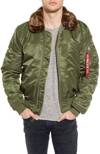 Men's Alpha Industries B-15 Removable Faux Fur Collar Flight Jacket, Size - Green