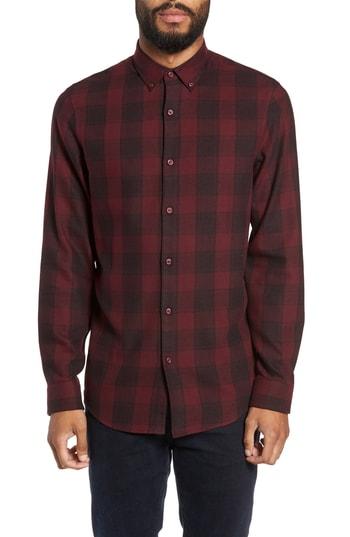 Men's Calibrate Slim Fit Mini Collar Check Flannel Sport Shirt - Burgundy