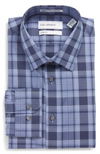 Men's Calibrate Trim Fit Stretch No-iron Check Dress Shirt .5 34/35 - Blue