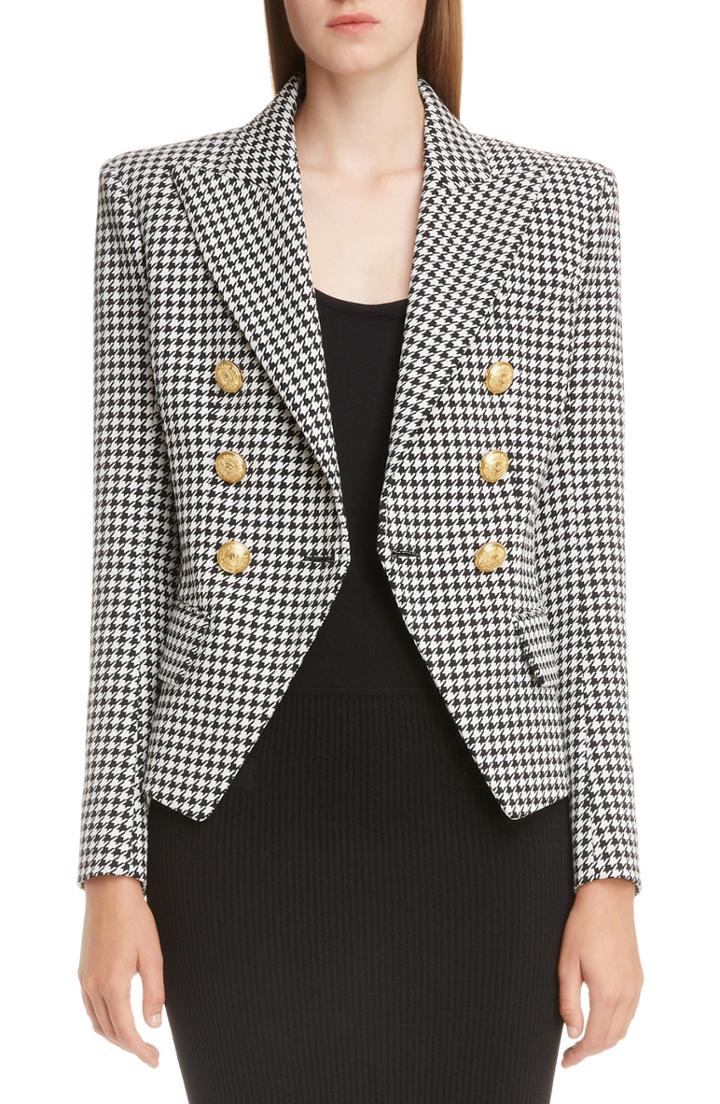 Women's Balmain Double Breasted Houndstooth Blazer Us / 36 Fr - Black