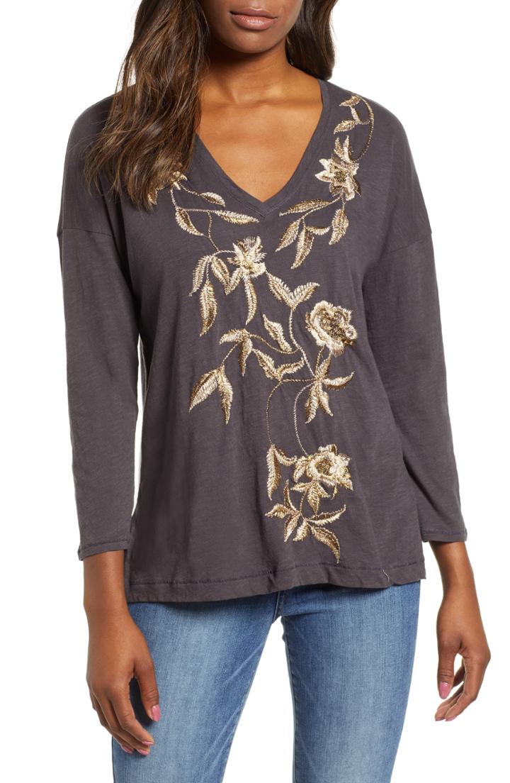 Women's Lucky Brand Metallic Embroidered V-neck Tee - Black