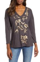 Women's Lucky Brand Metallic Embroidered V-neck Tee - Black