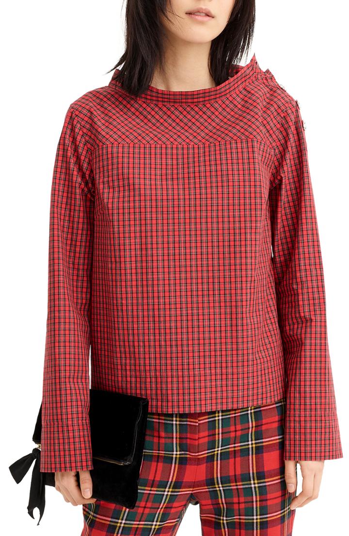 Women's J.crew Jewel Button Funnel Neck Plaid Shirt - Black