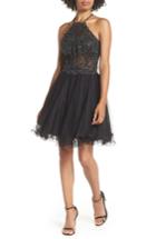 Women's Blondie Nites Halter Neck Applique Mesh Party Dress - Black