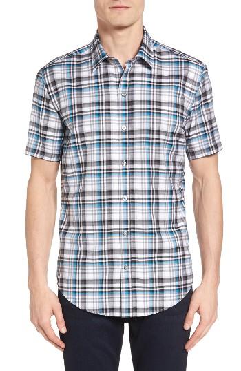 Men's Boss Ronn Trim Fit Check Short Sleeve Sport Shirt - Grey