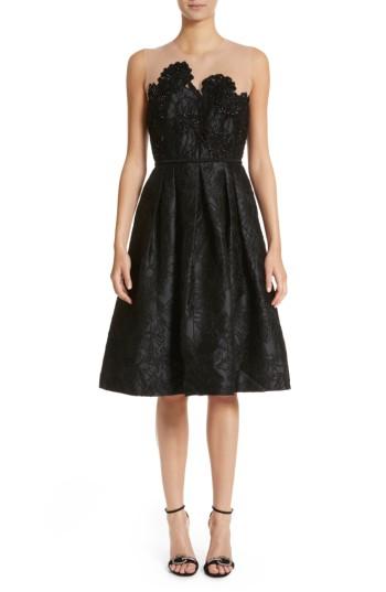 Women's Carmen Marc Valvo Couture Illusion Yoke Embroidered Jacquard Cocktail Dress - Black