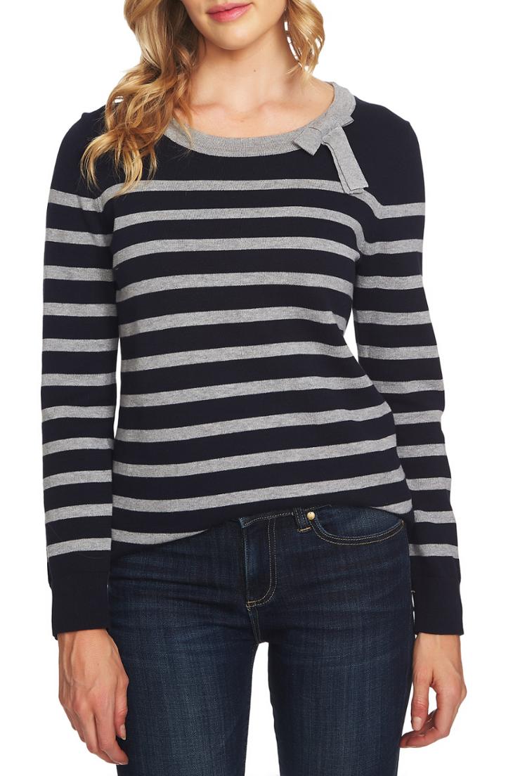 Women's Cece Bow Detail Striped Cotton Sweater, Size - Blue