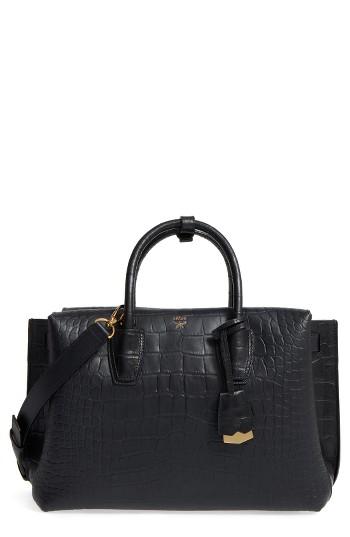 Mcm Medium Milla Croc Embossed Leather Tote - Black