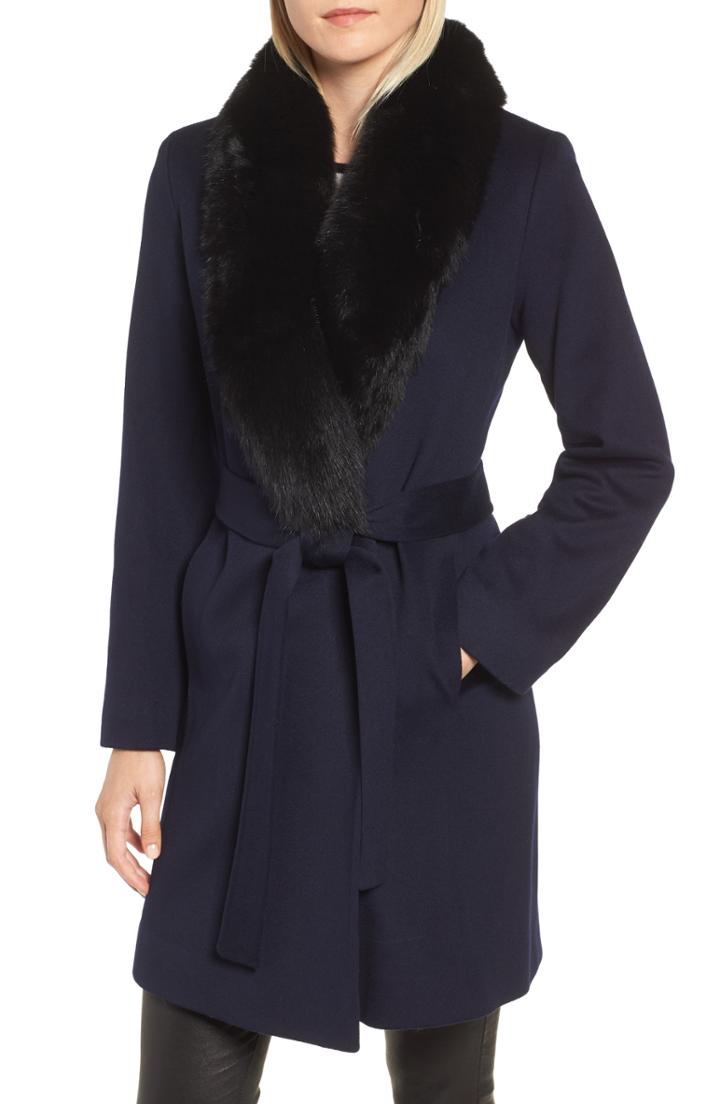 Women's Fleurette Genuine Fox Fur Shawl Collar Wool Coat - Blue
