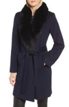 Women's Fleurette Genuine Fox Fur Shawl Collar Wool Coat - Blue