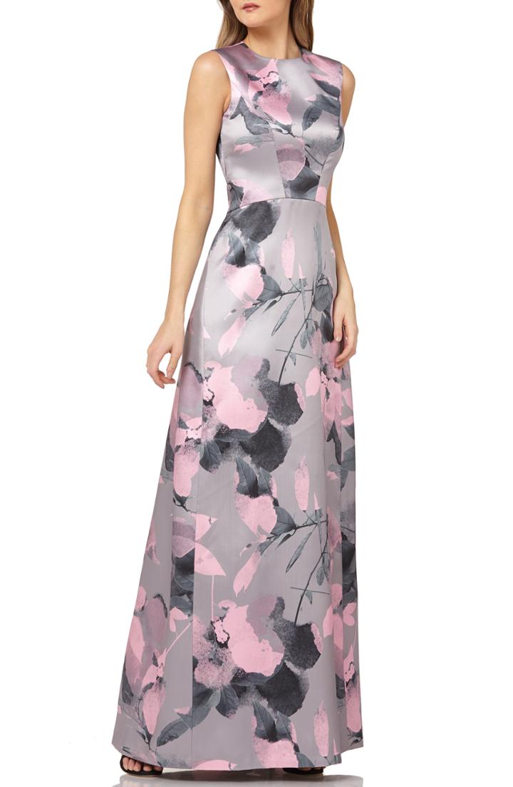 Women's Kay Unger Floral Print Satin Gown - Grey