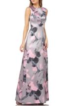 Women's Kay Unger Floral Print Satin Gown - Grey