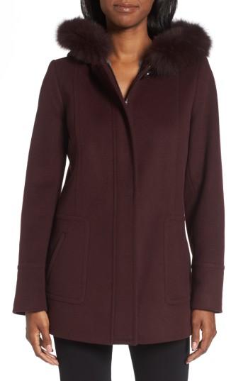 Women's Sachi Hooded Wool Blend Coat With Genuine Fox Fur Trim - Burgundy