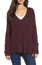 Women's Hinge Button Back V-neck Sweater, Size - Burgundy