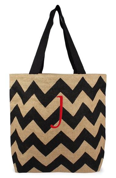 Cathy's Concepts Monogram Chevron Print Jute Tote - Grey