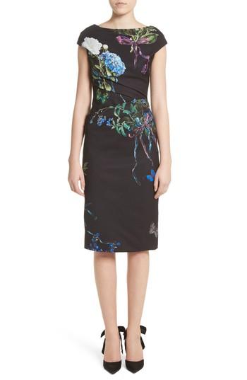 Women's Monique Lhuillier Botanical Print Draped Sheath Dress - Black