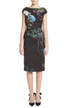 Women's Monique Lhuillier Botanical Print Draped Sheath Dress - Black